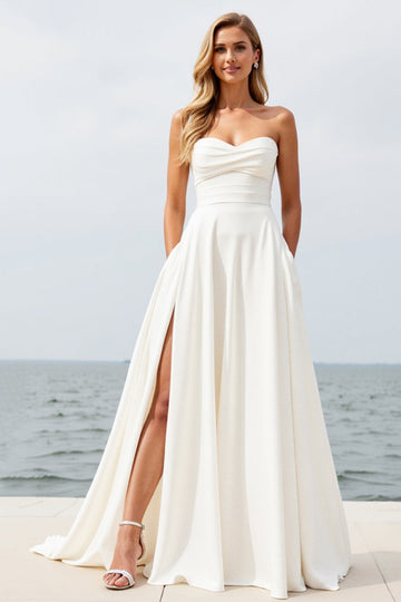 Ivory Strapless Sweep Train Boho Wedding Dress with Slit